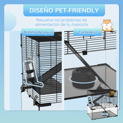 Hamsterkooi – Knaagdierenkooi – Hamsterhok – Dwerghamster Kooi – Hamsterhuis – 3-laags Ontwerp – Glazen Bodem - 60 x 40 x 54,5 cm - Zwart - QUORE