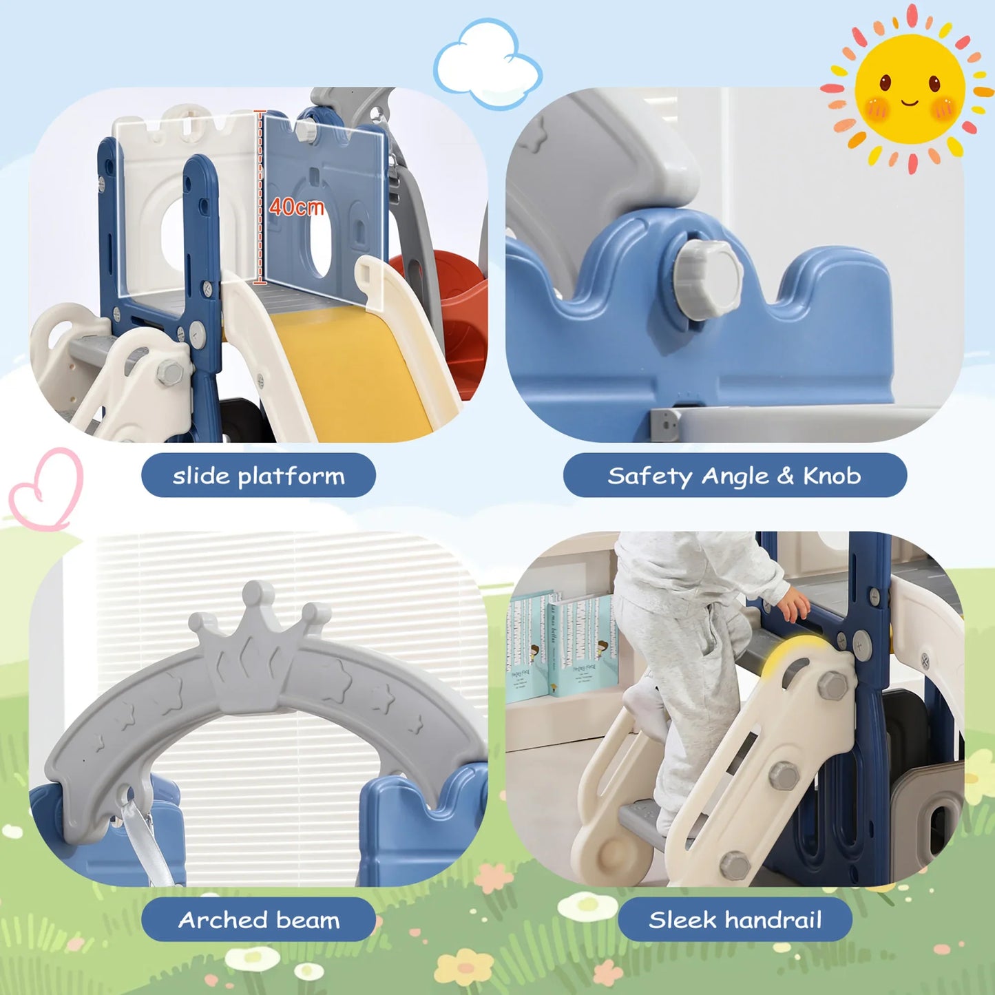 Lazyspace 5 in 1 Children's Slide, Climbing, Storage Space, Swing, Basketball Basket, Slide & Climbing Toy for Children Playroom