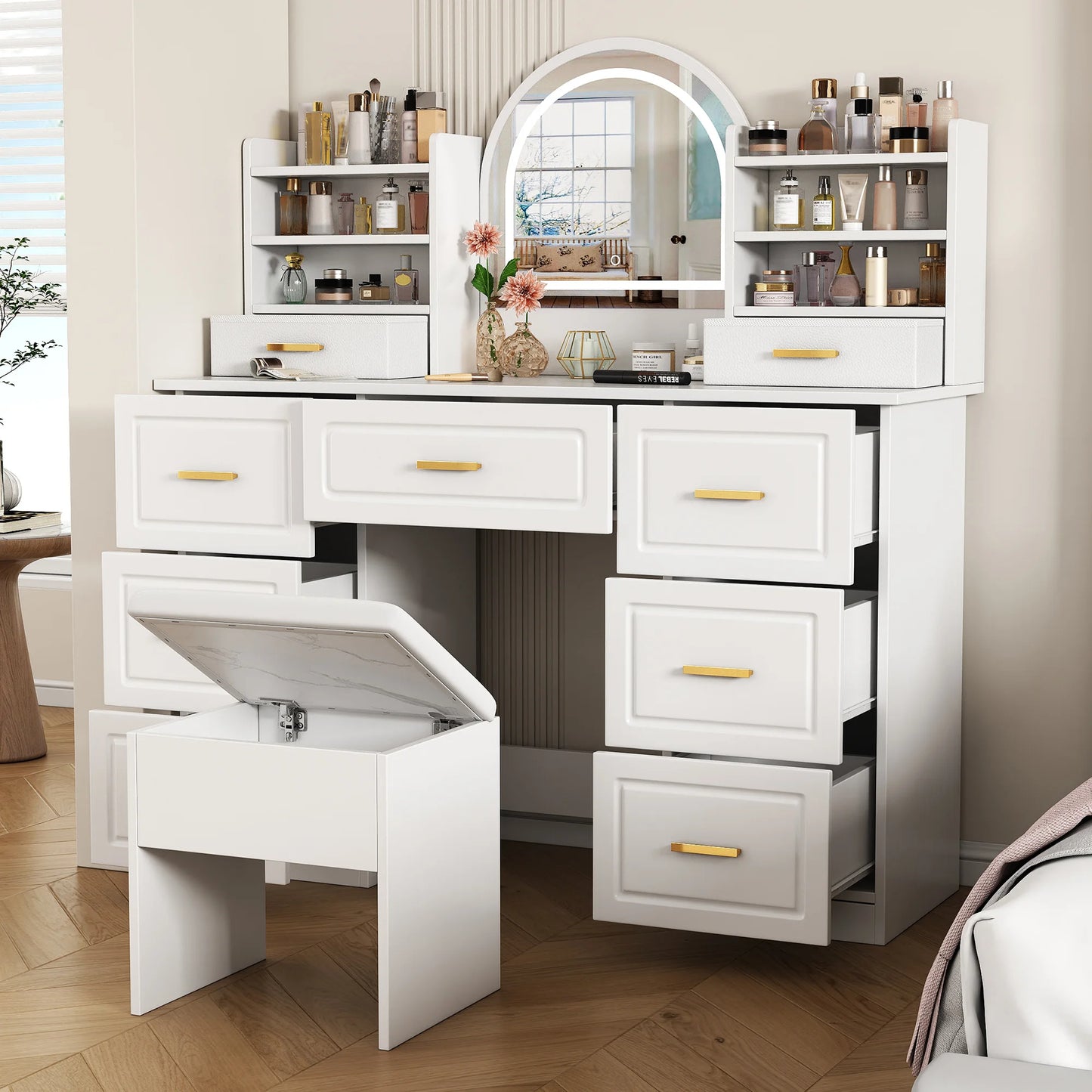 Kaptafel – Make-uptafel – Schoonheidstafel – Dressingtafel – 9 Laden – Led-Verlichting – Stevig Materiaal