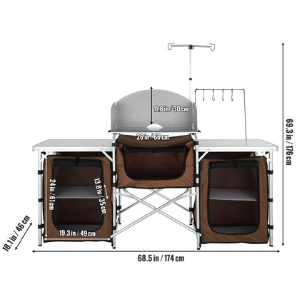 Camping Keukentafel - Camping Keuken - Kampeerkeuken - Buiten Keukentafel - Klaptafel - met Opbergkast - Kookstation - Aluminium Frame - met Opbergkast - voor BBQ - Picknick - Camping - Bruin