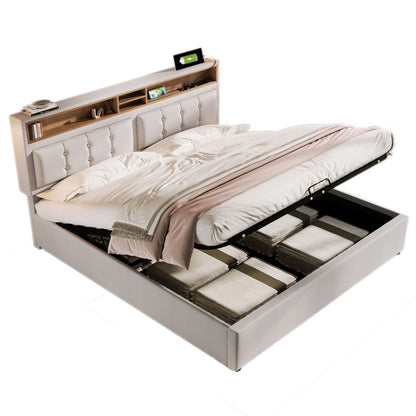 Gestoffeerd Tweepersoonsbed – Bedframe – Slaapbank – Opbergbed – Jeugdbed – 160×200 cm – Verstelbaar Hoofdbord Met USB-C Oplaadfunctie – Ruime Gasdruk Opbergruimte