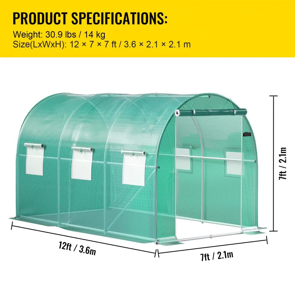 Kweekkas - Walk-in Tunnel Tuinkas - Tuinkassen - Kas - Tomatenhuis - 12x7x7 ft – Stalen Frame – Groene PE Cover – Roll-up Ritsdeur – Plantenhuis - Serre - Bescherming & Ventilatie voor Planten
