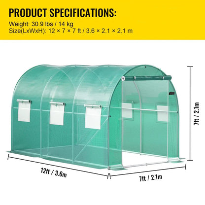 Kweekkas - Walk-in Tunnel Tuinkas - Tuinkassen - Kas - Tomatenhuis - 12x7x7 ft – Stalen Frame – Groene PE Cover – Roll-up Ritsdeur – Plantenhuis - Serre - Bescherming & Ventilatie voor Planten
