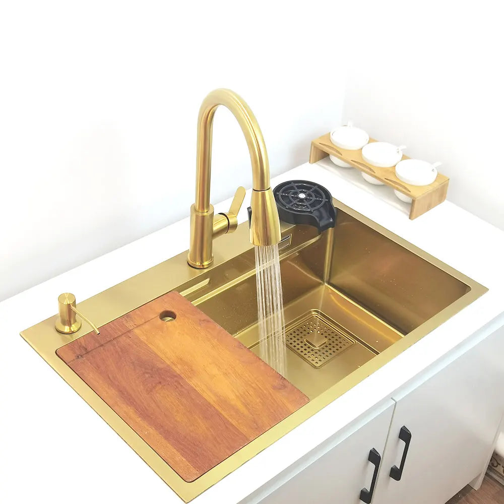 gold Waterfall faucet kichen sink Nano sink 304 Stainless Steel Golden Topmount Single Bowl Wash Basin 4 function kitchen faucet
