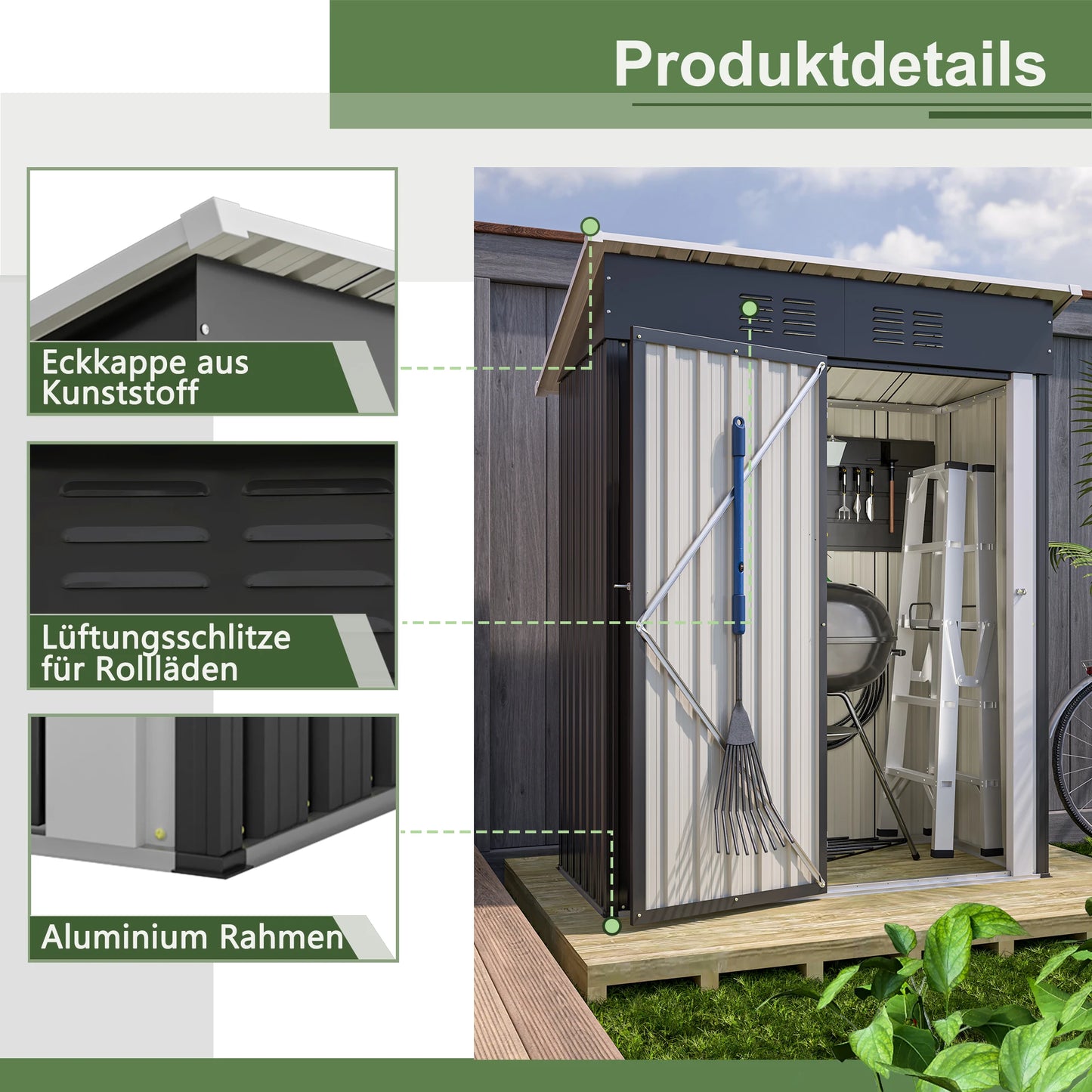 Tuinhuis – Tuinschuur – Berging – Opslag – Buitenhuis – Zwart – Waterbestendig Met Pultdak – Ventilatieopening