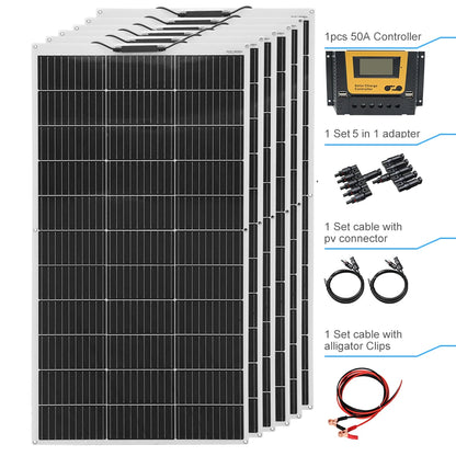 Zonnepaneel - Zonnepaneelset - Zonnepaneelkit - Flexibel - Fotovoltaïsch - Set van 5 - Zonnepaneel - met Controller - PV-connector - Krokodillenklem - 2-in-1-Adapter - voor Camperaccu - Thuislader - Camping - Noodsituatie - 600W - Zwart