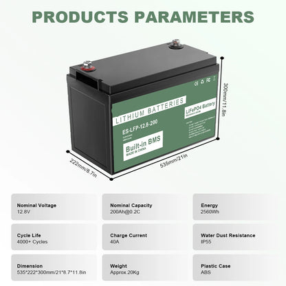 LiFePO4 Accu – Oplaadbare Batterij – Elektrische Accu – Zonnepaneel Accu – Camper Accu – 100Ah Capaciteit – IP56 Waterbestendig - 12.8V 200AH 2560WH