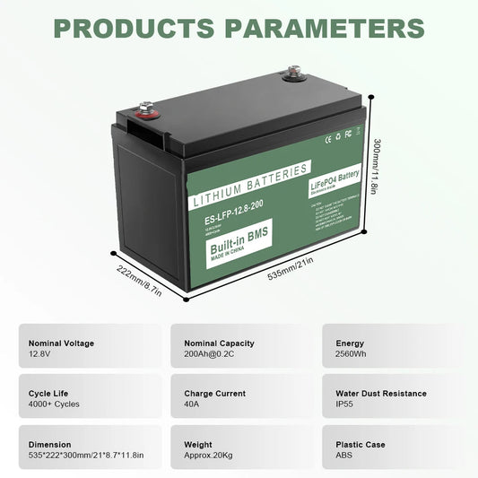 LiFePO4 Accu – Oplaadbare Batterij – Elektrische Accu – Zonnepaneel Accu – Camper Accu – 100Ah Capaciteit – IP56 Waterbestendig - 12.8V 200AH 2560WH