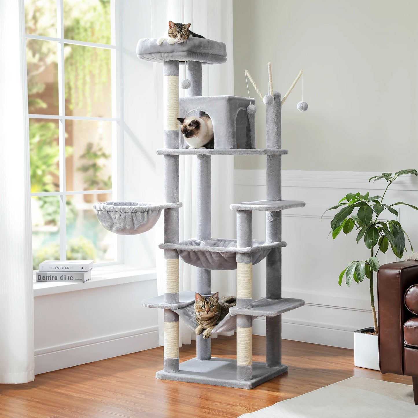 Krabpaal – Kattenboom – Kattenhuis – Kattenmand – Kattenmeubel – 175 cm Hoog – Hout Met Sisal Krabpalen