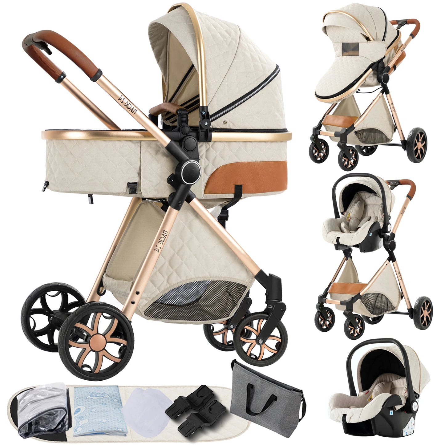 3-in-1 Kinderwagen – Reiswielwagen – Autostoeltje – Wandelwagen – Wieg – Compact & Lichtgewicht – Inklapbaar – Katoenen Bekleding – Deepgrey