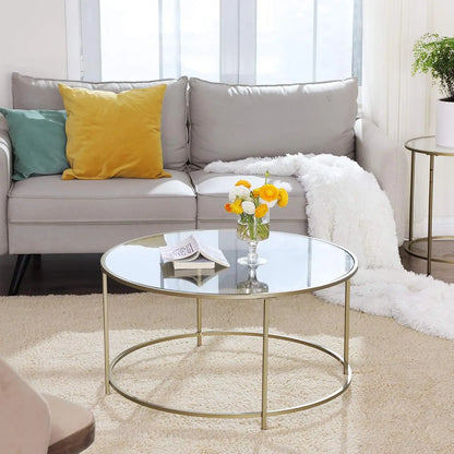 Ronde Salontafel - Glazen Tafelblad met Gouden IJzeren Frame - Robuuste Koffietafel - Modern Retro Design - Woonkamer Accessoire - Goud - QUORE