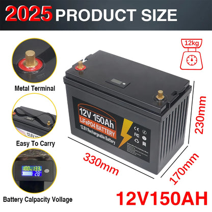 LiFePO4 accu – Lithium batterij – LFP accu – Li-ion accu – Lithium-ijzerfosfaat accu – 12V 150Ah – Ingebouwd BMS – IP65 waterdicht