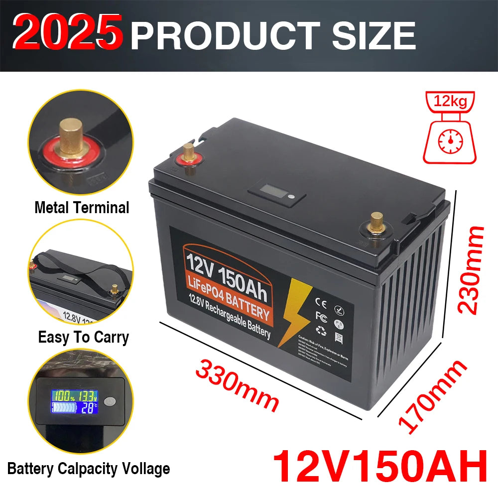LiFePO4 Accu 12V 150Ah – Lithium Batterij – Lithium-ijzerfosfaat Accu – Camping Accu – Boot Accu – Ingebouwd BMS – 10.000 Laadcycli – Compact & Lichtgewicht