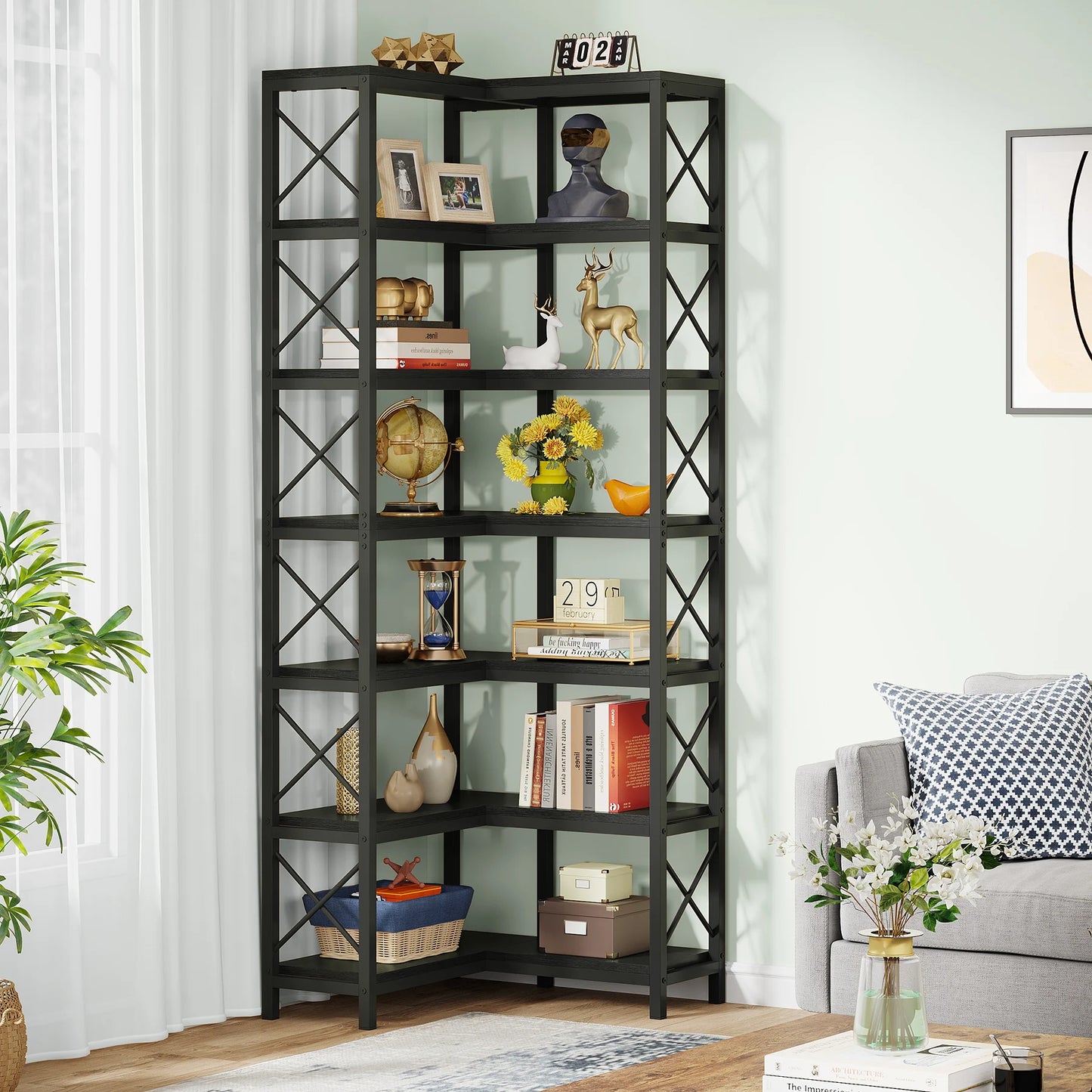 Hoeksalonkast – Hoekkast – Boekenrek – Opbergkast – 7-Laags Metalen Frame – 60 Cm Breedte – Verstelbare Pootjes