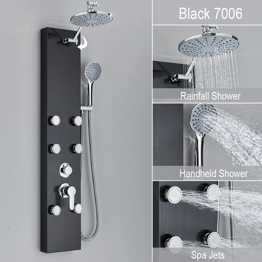 Douche - Regendouche - Douchewand - Douchekolom - Douchepanelen - Douchezuil met Opbergrek - Regendouche - Massagejets - Dubbele Handgreep - Zwart - QUORE