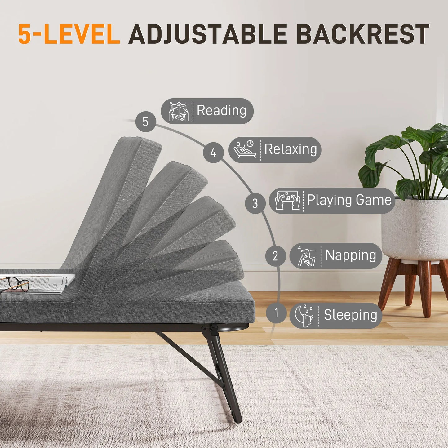 Inklapbaar Logeerbed – Opvouwbaar Bed – Gastbed – Extra Bed – Verstelbare Rugleuning – 7 Cm Schuimmatras – Draagvermogen 120 Kg - 70x190 cm