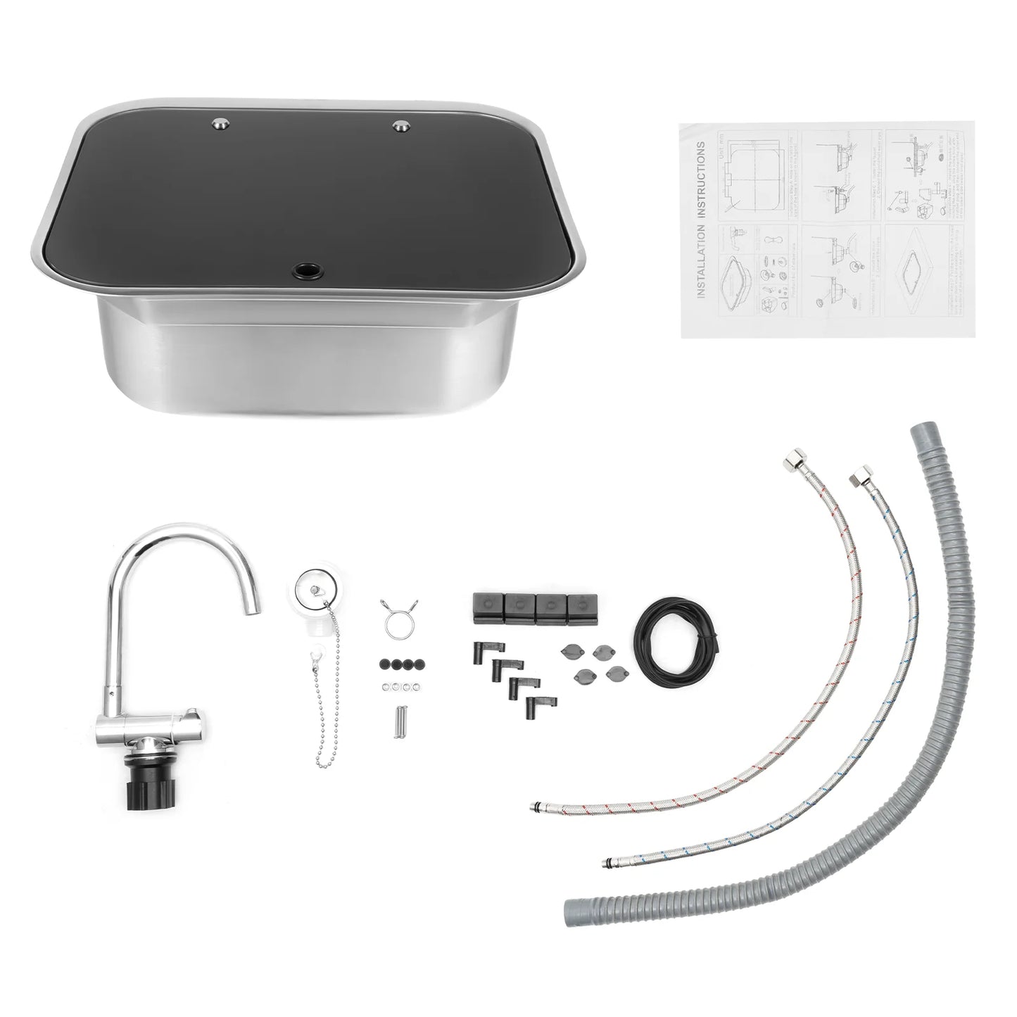RVS Spoelbak – Camper Spoelbak – Caravan Wasbak – Boot Spoeltafel – Inbouw Spoelbak – Compact 41,5 x 37 x 16 cm – Temperglaas Deksel & Inklapbare Kraan