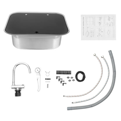 RVS Spoelbak – Camper Spoelbak – Caravan Wasbak – Boot Spoeltafel – Inbouw Spoelbak – Compact 41,5 x 37 x 16 cm – Temperglaas Deksel & Inklapbare Kraan