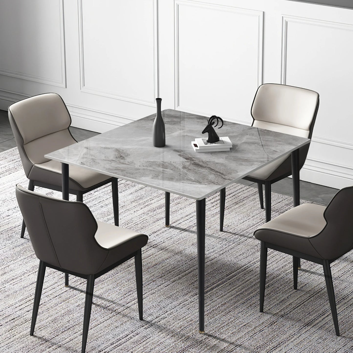 Eetkamertafel – Marmeren Tafel – Vierkante Eettafel – Compacte Tafel – Sintered Stone Blad – Robuuste Metalen Poot – 80x80 cm - Glanzend wit