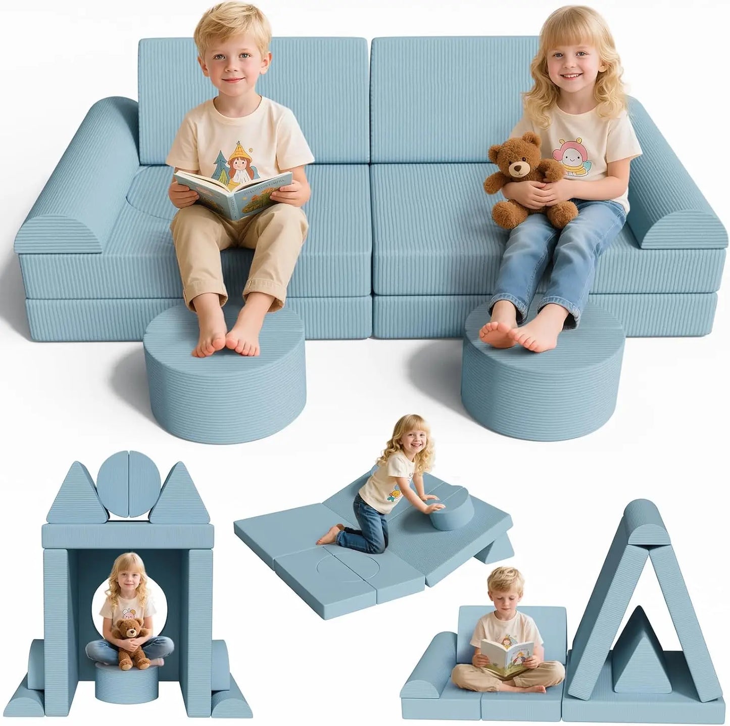 Speelgoedbank voor Kinderen – Speelbank Kids – Kinderzitbank – Modulaire Zitzak – Kindersofa – 14-delig Set – Wasbare Ribfluwelen Hoes