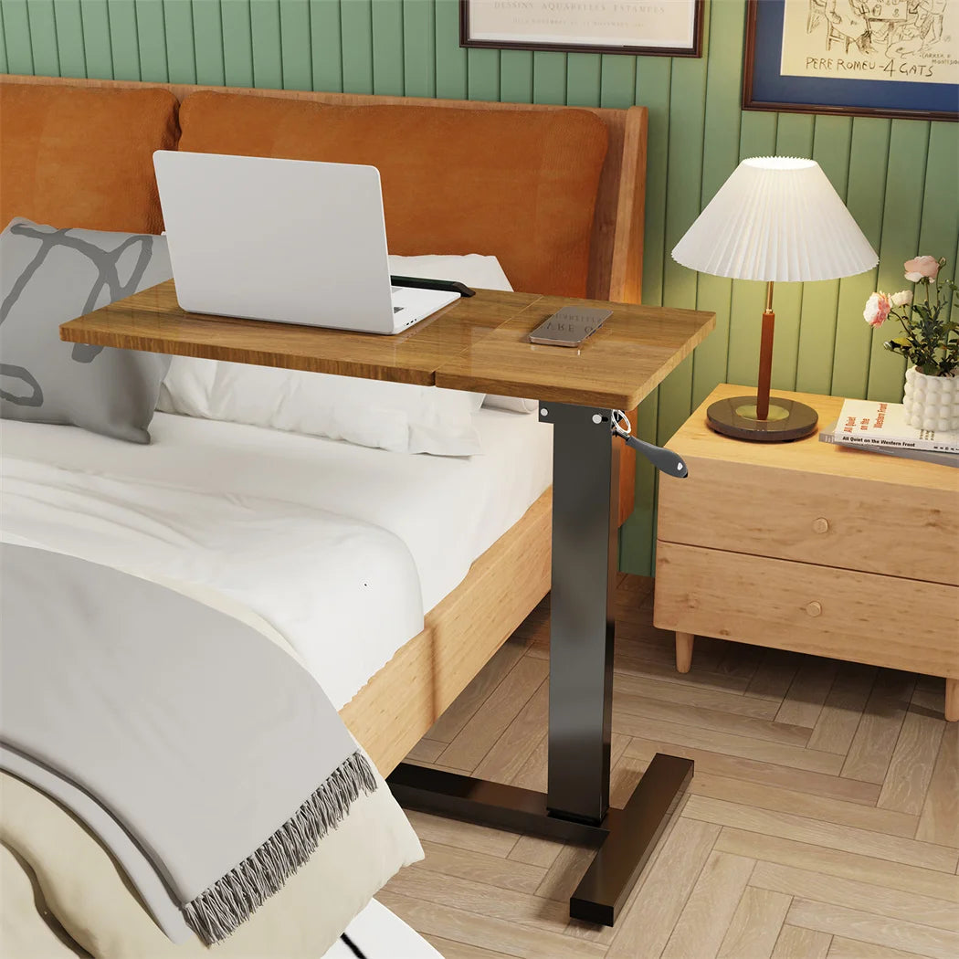Laptoptafel - Bijzettafel - Bedtafel - Laptopstandaard - Op Wielen - In hoogte verstelbaar - Metaal - Hout - Kantelbaar - QUORE
