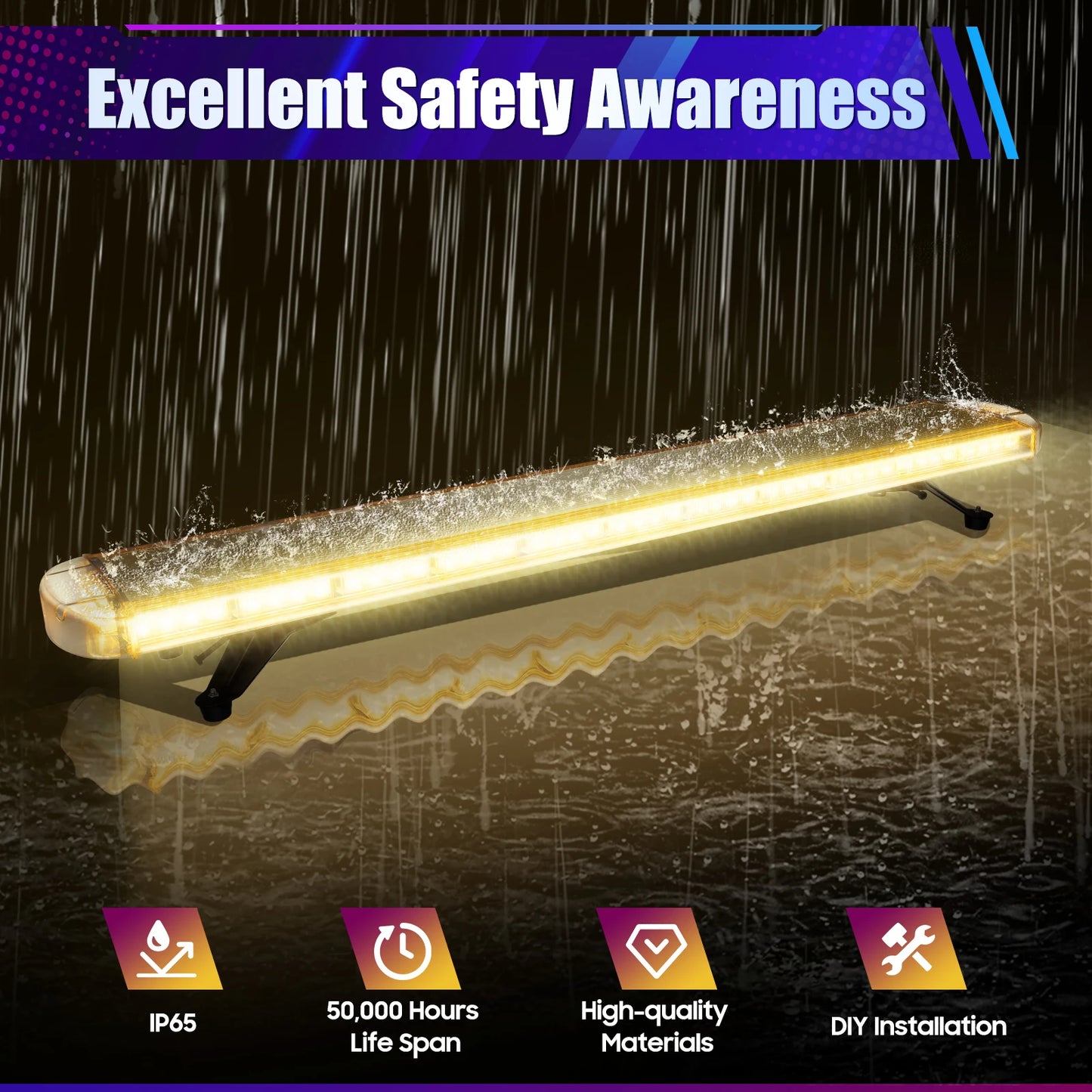Stroboscooplichtbalk – Signaleringlamp – Waarschuwingslicht – Flitsbalk – Gele LED Lichtbalk – 96W 16 Flitsmodi – 360° Zichtbaarheid IP65 Waterdicht