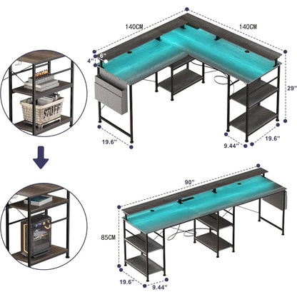 Modern Bureau – L-vormig Bureau – Hoekbureau – Gaming Bureau – Werkbureau – Donkergrijs – 2-in-1 Indeling 140/230 cm – Ergonomische Monitorstandaarden & Geïntegreerde Stroomvoorziening