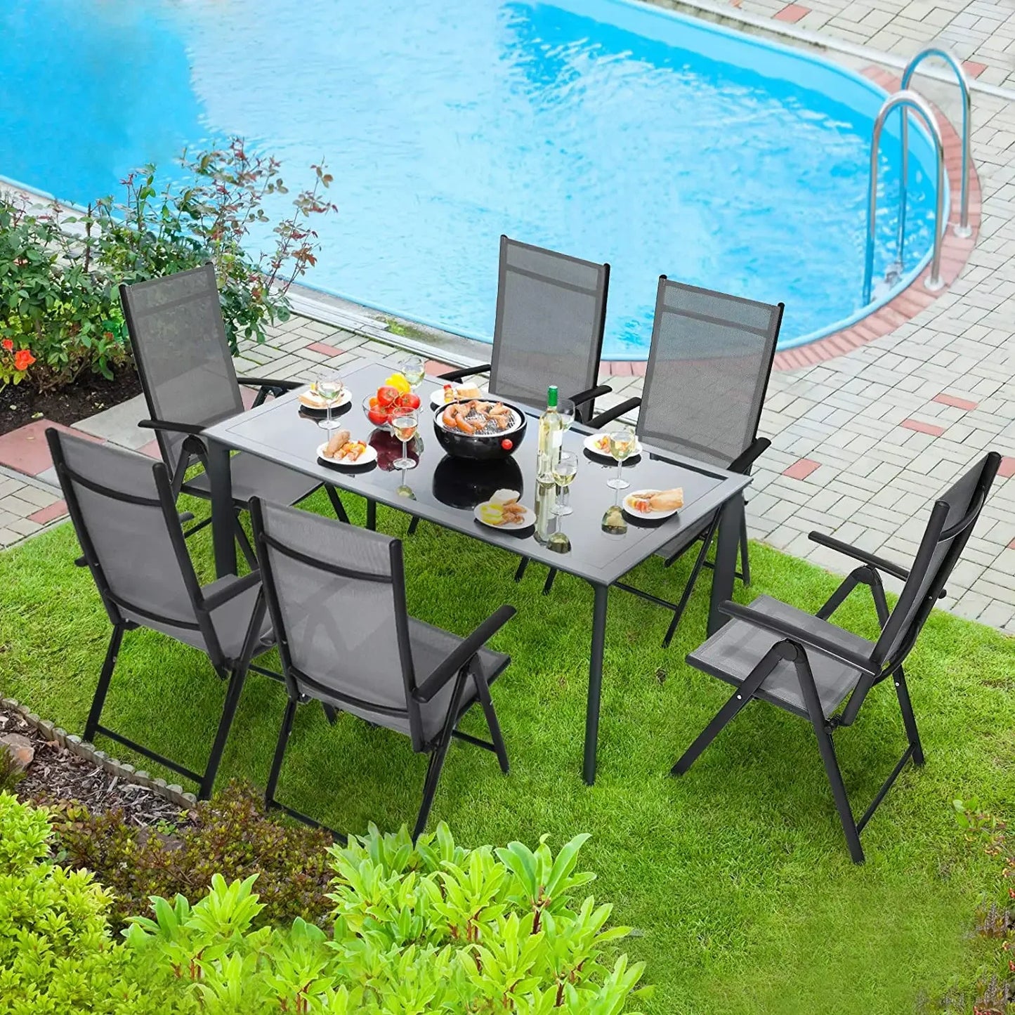 Tuinstoel - Set van 2 - Tuinmeubelset - Tuinmeubel - Heavy Duty - Durable - Adjustable - Reclining - Folding Chair - 7-voudig Verstelbaar - voor Buiten - Binnen - Tuin - Zwembad - 52 x 68 x 107 cm - Grijs