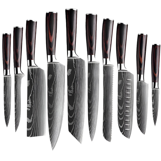 Keukenmessen - Knife set - Chef Knife - Knives - Kitchen Knife - Koksmes voor keuken - Damascus Santoku Messenset - Japans Scherp Hakmes Snijmes - 10-Delige Messenset