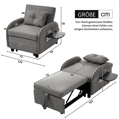 Slaapbank - Slaapstoel - Logeerbed - Klapstoel - Opvouwbare Eenpersoonsbank - Met Bedfunctie - Drievoudig Verstelbare - Opklapbaar - 123 x 74-167 x 78 cm - Donkergrijs