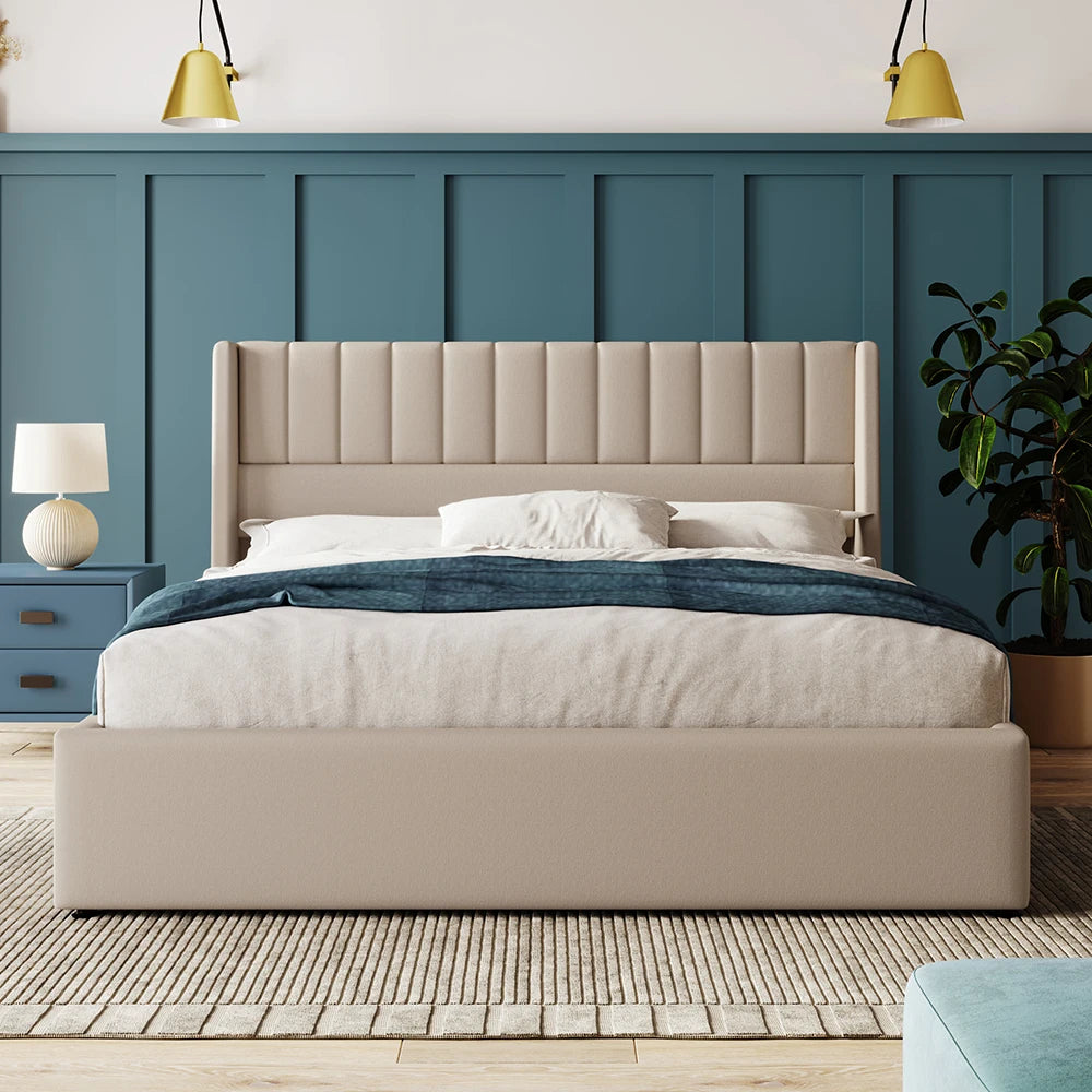 Bedbank – Slaapbank – Bed – Logeerbed – Kinderbed – Gestoffeerd Beige – Met Leeslampen en USB Opladen – Inclusief 2 Nachtkastjes en 4 Opberglades - QUORE