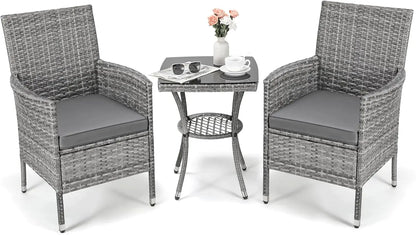 3-Delige Bistroset – Tuinset – Balkonset – Terrasmeubilair – PE-Rattan – Weerbestendig – Comfortabele Kussens - QUORE