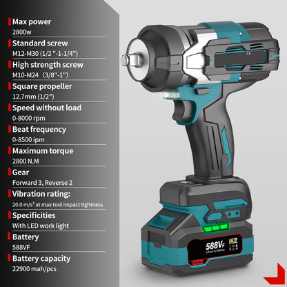 Slagmoersleutel - met Accu - Slagschroevendraaier - 2800Nm - Draadloze - Elektrische Schroevendraaier - Brushless Motor - Met LED - Boormachine - 18V - 1/2 Inch - 2 Accu met Kunststof Doos