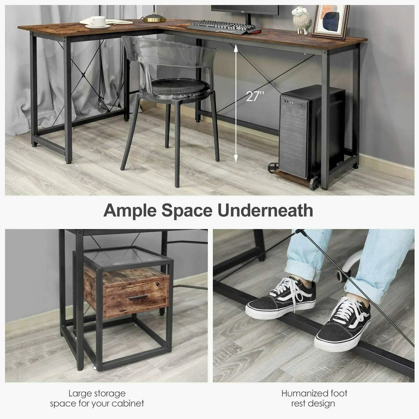 L-vormig Bureau – Hoekbureau – Computertafel – Werkplek Bureau – Gaming Desk – Retro Design – MDF Blad met Stabiel Metalen Frame – Inclusief CPU-standaard - QUORE