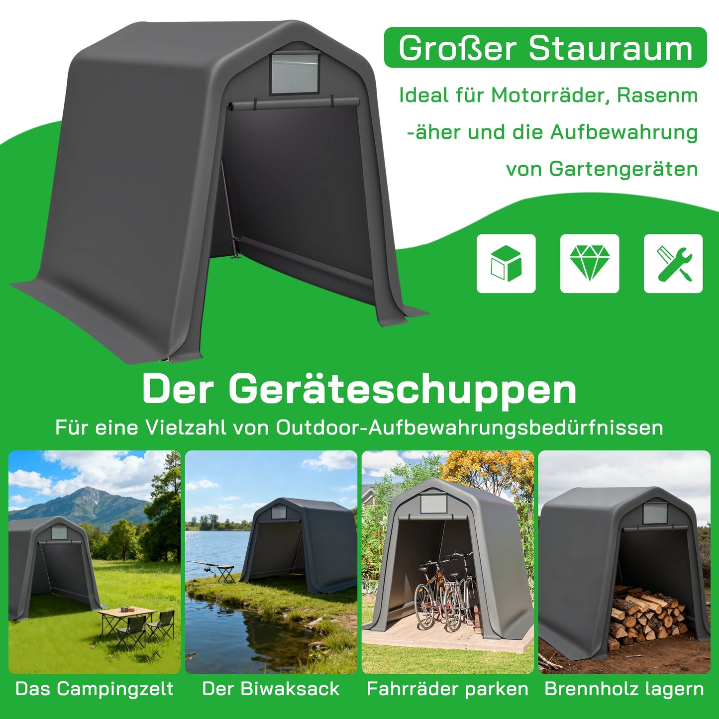 Opbergtent Motorstalling – Garage Tent – Fietsenberging – Tuinkast – Schuur – Waterdicht PE-Zeil – Verstevigd Stalen Frame – 160x218x172 cm – Ritssluiting