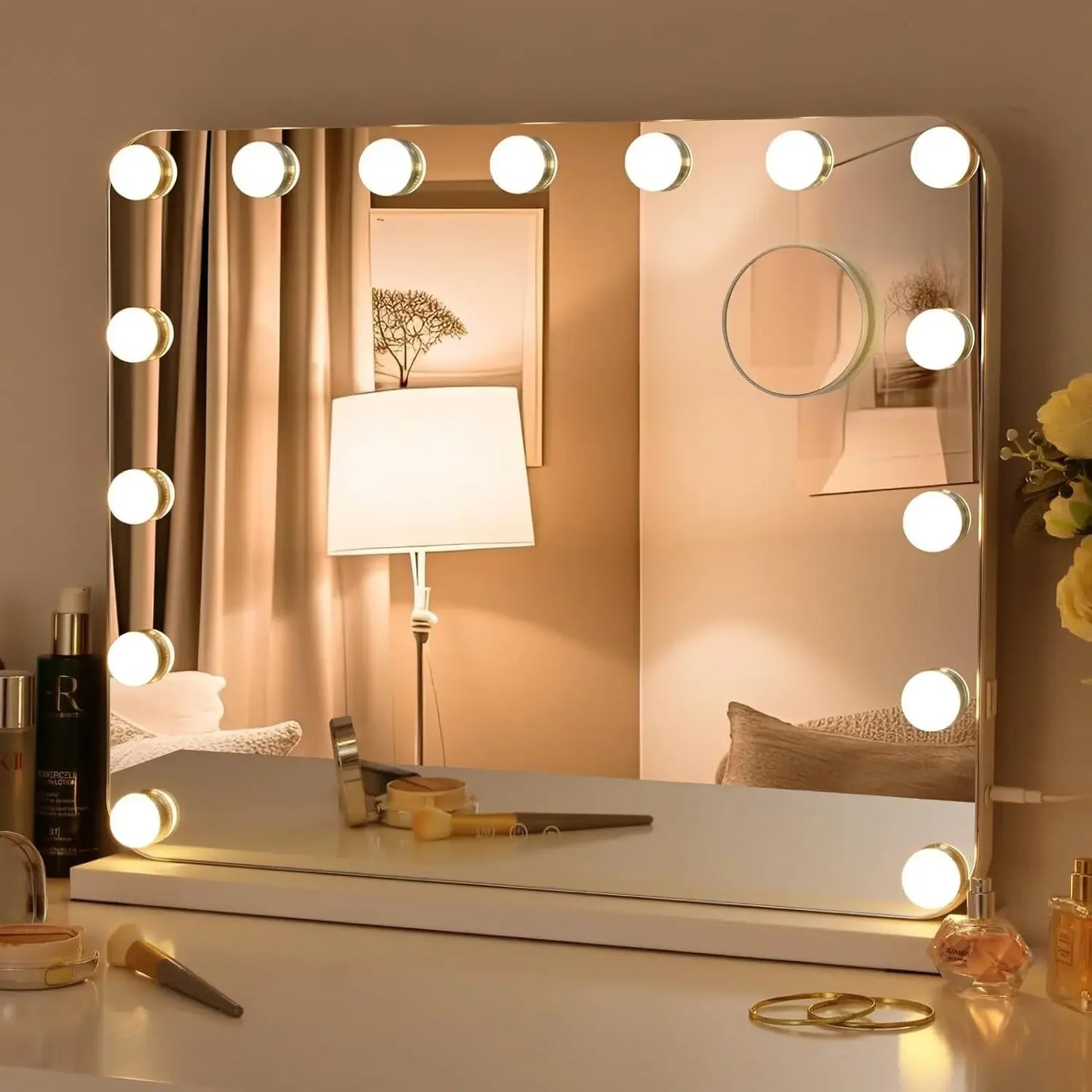 Hollywood Vanity Mirror with Lights 15 Dimmable LED Bulbs 3 Color Lighting Adjustable Brightness USB Charging Port (58*46cm) - QUORE