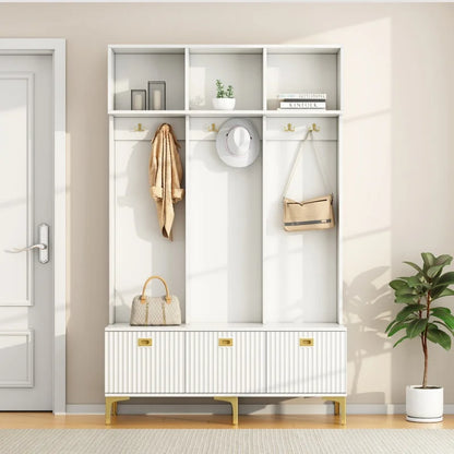 Halmeubel – Garderobekast – Schoenenkast – Opbergmeubel – Entree Meubel – Hoogglans Wit – Gouden Accenten