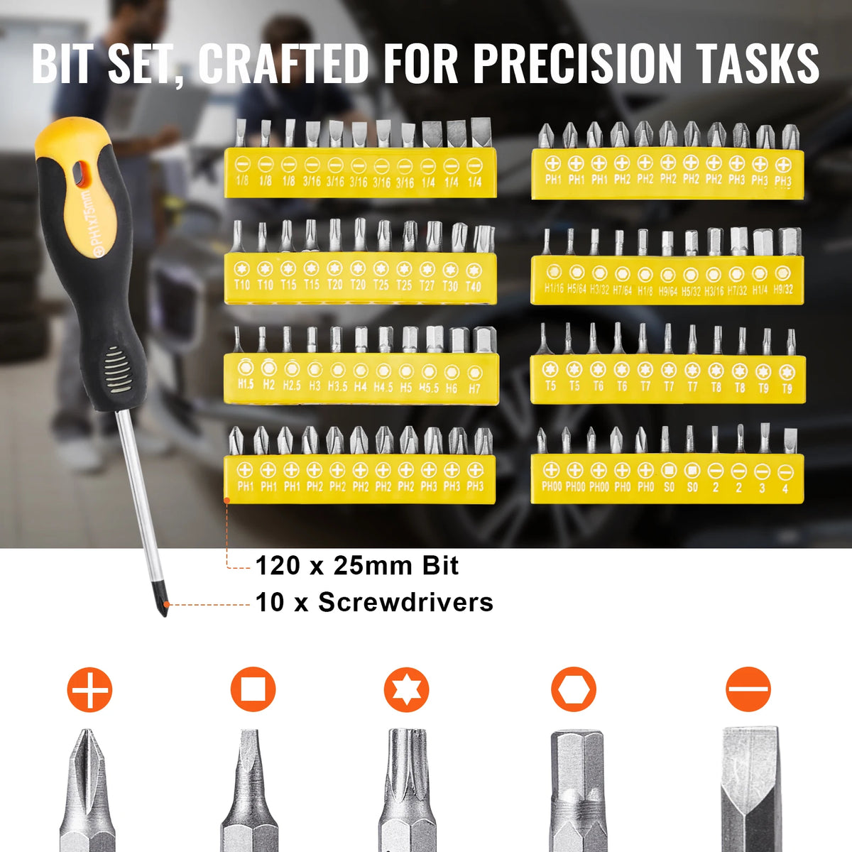 221 Piece Tool Set - Professional Mechanic Tool Kit with Bits, Ratchets, Wrenches &amp; Pliers - SAE &amp; Metric Sizes - Includes Storage Case - Black/Yellow