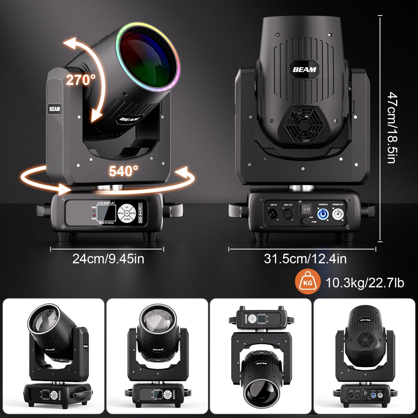 Movingheadlicht – Discolamp – Podiumverlichting – DJ Licht – Beam Spot – 250W HID & 29 RGB LEDs – 540° Draaibereik – DMX512 Besturing - QUORE