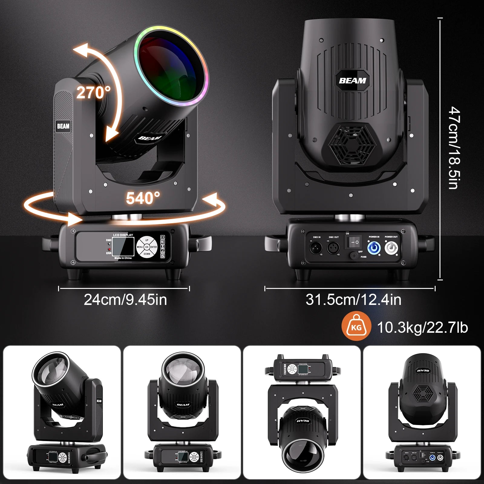 Movingheadlicht – Discolamp – Podiumverlichting – DJ Licht – Beam Spot – 250W HID & 29 RGB LEDs – 540° Draaibereik – DMX512 Besturing - QUORE