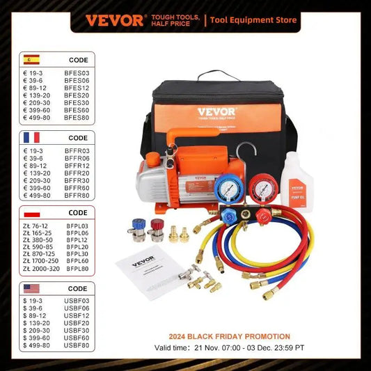 VEVOR 1/5HP 3.5CFM AC Vacuum Pump Single Stage Rotary Vane HVAC Air Vacuum Pump Refrigerant Kit Manifold Gauge Set R134a R1234yf