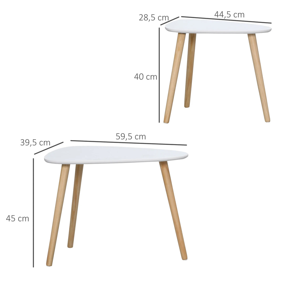 Homcom - Bijzettafel - Salontafel - Set van 2 - Witte Look Bijzettafel - Woonkamer - Tafel - Houten Poten - 59,5x39,5x45 cm