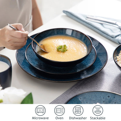 Servies - Servies set - 32 Stuk - Vintage Keramische - Met Diner/Dessertbord - Kom - Koffie Cups - Blauw Steengoed