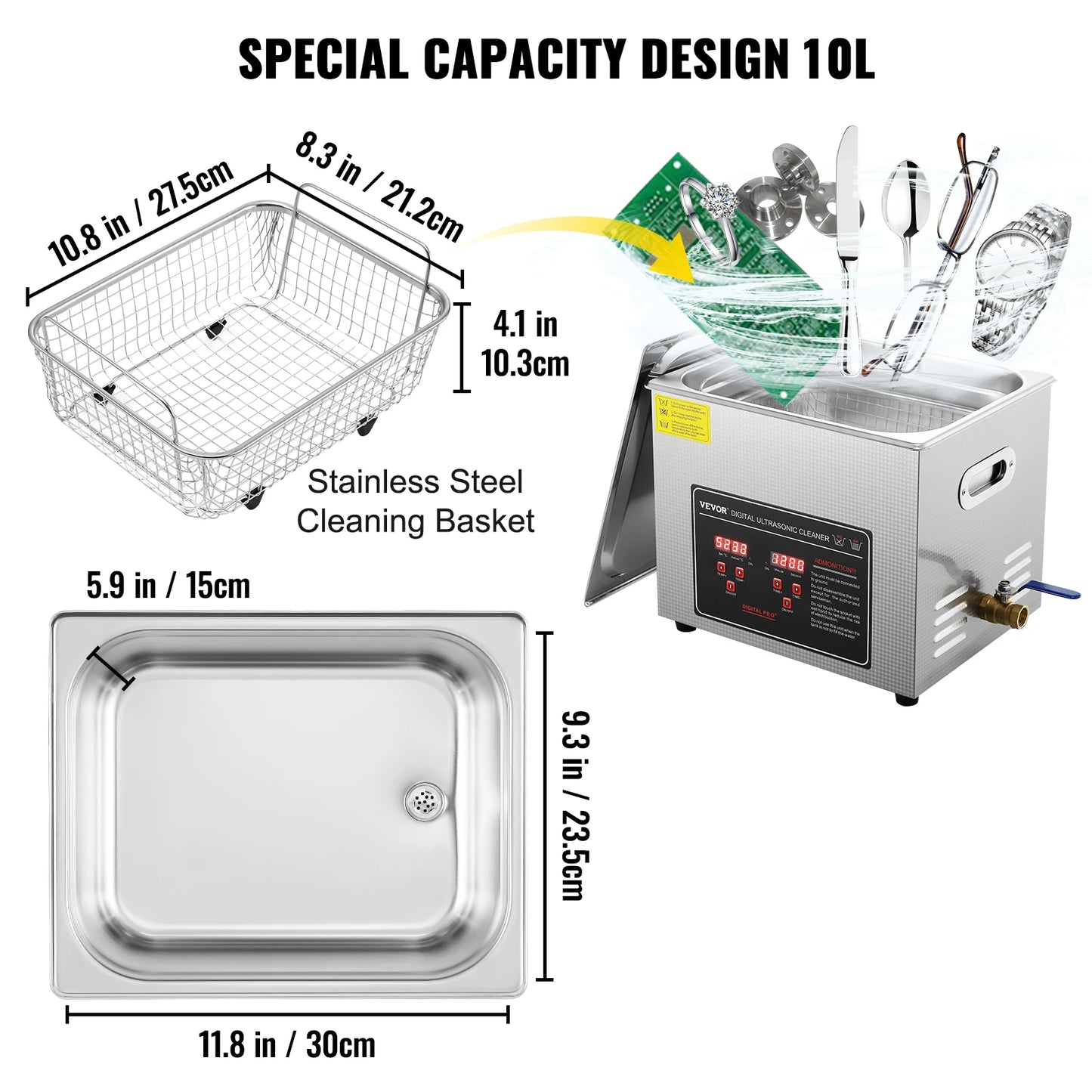 Ultrasoon Reiniger - Reinigingsapparaat voor Sieraden en Brillen - 10L - Ultrasone - Ultrasonic Cleaner - met Digitale Timer en Verwarming - Professionele Roestvrijstalen Reinigingsmachine - voor Sieraden en Gereedschap