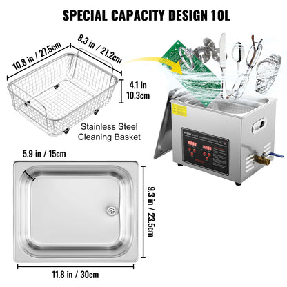 Ultrasoon Reiniger - Reinigingsapparaat voor Sieraden en Brillen - 10L - Ultrasone - Ultrasonic Cleaner - met Digitale Timer en Verwarming - Professionele Roestvrijstalen Reinigingsmachine - voor Sieraden en Gereedschap