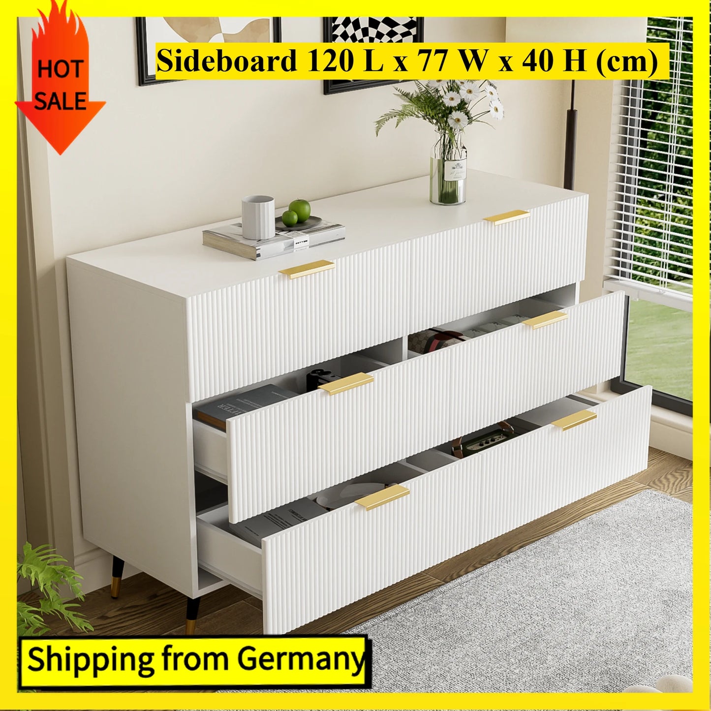 Dressoir – Ladekast – Opbergkast – Kast – Buffetkast – Modern Minimalistisch Ontwerp – 120x77x40 cm – 6 Ruime Lades – Wit Met Gouden Accenten