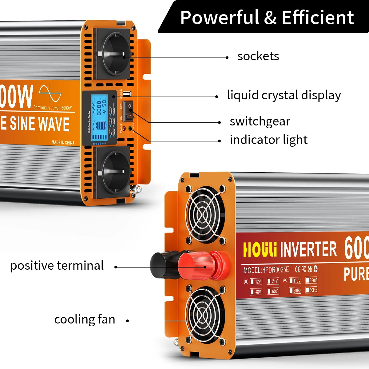 HOULI 3000W-7000W Car Power Inverter 12V/24V to 220V AC Converter with Dual EU Sockets &USB，Ideal for Camping, RV, Emergency Us
