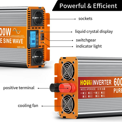 HOULI 3000W-7000W Car Power Inverter 12V/24V to 220V AC Converter with Dual EU Sockets &USB，Ideal for Camping, RV, Emergency Us