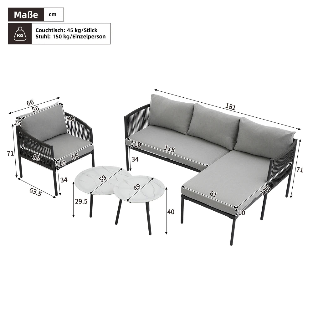 Loungeset – Hoek Loungeset – Stoel-bank Loungeset – Tuinset – Loungeset Voor 4 Personen – Weerbestendig Gegalvaniseerd Staal – Handgeweven Armleuningen