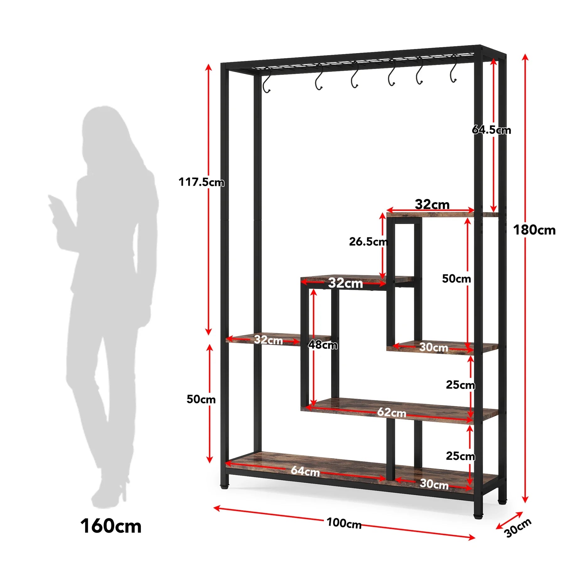 Plantenstandaard - Hoge Binnen Plantenplank - 5-Tier - 70.9 Inch Hoogte - Grote Metalen Plantenrek - Plantenrekken - Bloemenrek - Plantenstandaarden - Inclusief 10 Ophanghaken – Geschikt voor Tuinen en Interieur - Zwart - QUORE